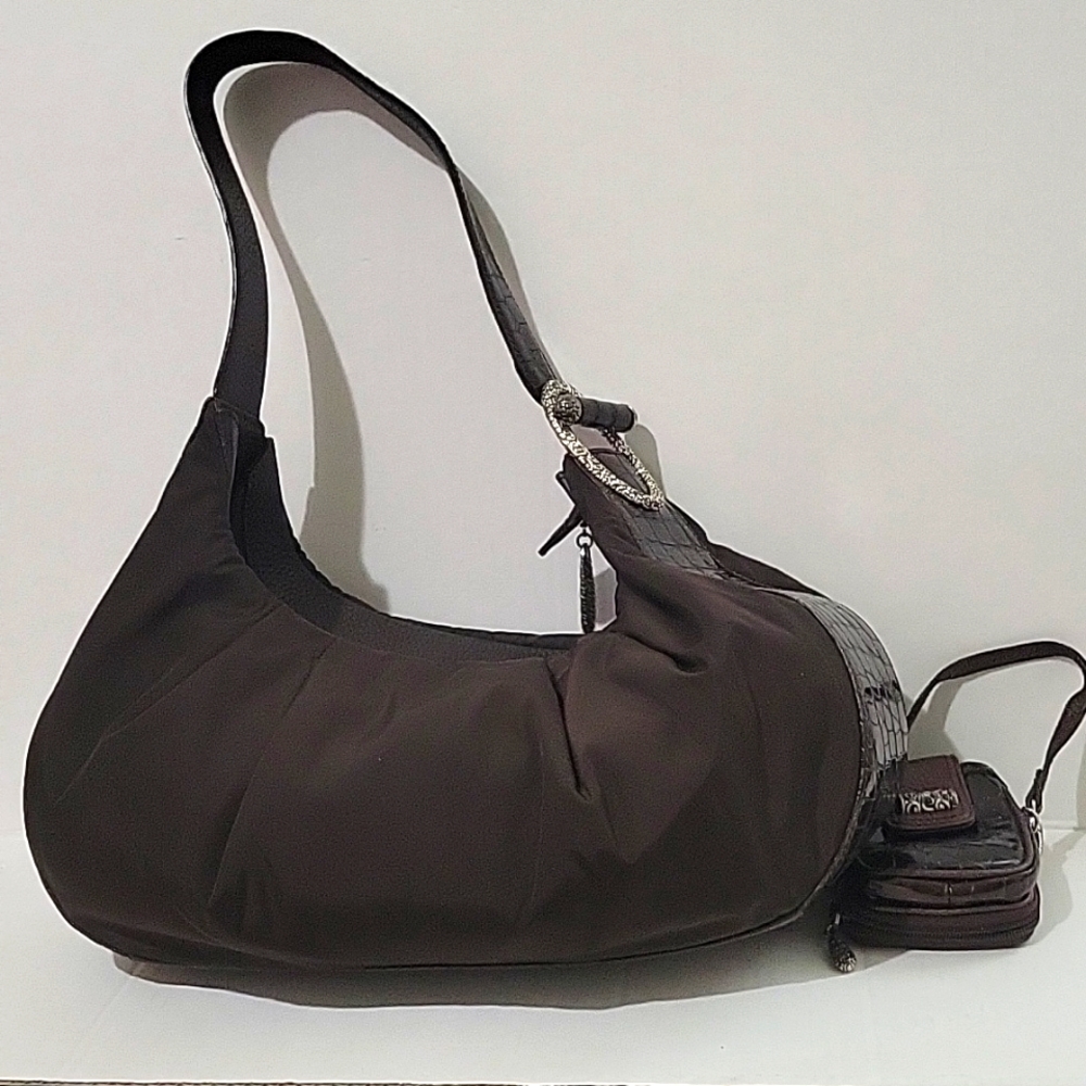 1990s Brighton Brown Patent Leather and Fabric Shoulder bag w/ small zip wallet